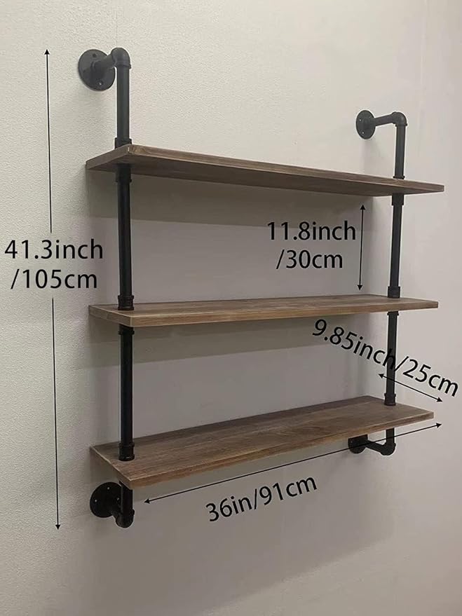HDDFER Pipe Shelves Industrial Pipe Shelving Shelves Real Wood Industrial Floating Pipe Shelves with Wood Planks 36 inch Wall Shelves Rustic Hanging Bookshelf Farmhouse Kitchen Bar Shelving