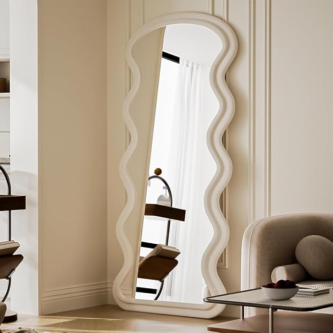 Koonmi 63"x24" Wavy Mirror Full Length, Flannel Floor Mirrors, Irregular Wavy Standing Mirror Wall Mounted with Flannel Wrapped Frame for Bedroom & Living Room, White