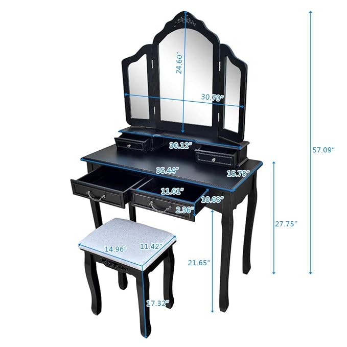 Makeup Table Set,Tri-folding Mirror Vanity Table Set Dressing Table Organizers with Cushioned Stool Bedroom (Black-4 Drawer) Tri-fold Mirror Dresser with Dressing Stool High quality Bathroom Mirrors