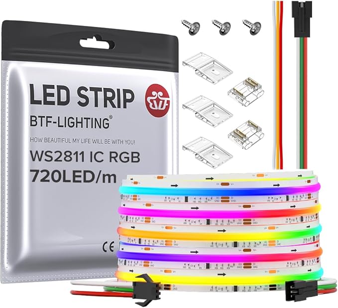 BTF-LIGHTING FCOB WS2811 IC RGB COB LED Strip DC24V 720LED/m 16.4FT Flexible High Density Uniform Chasing Color Light 20IC/m 12mm Width Light for Home Indoor Decor(No Adapter or Controller)