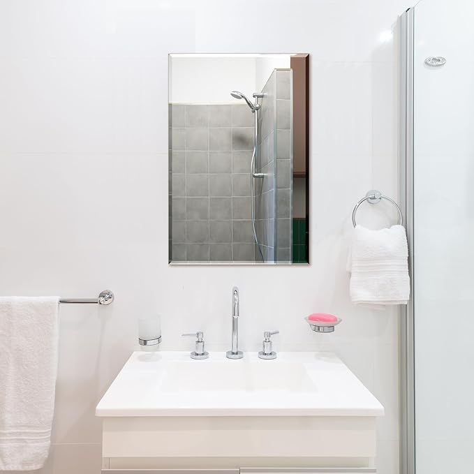 Frameless Bathroom Mirror for Wall, Rectangle Beveled Edge Mirror for Over Sink, Tempered Glass, Shatterproof, Hangs Horizontally or Vertically for Living Room, Entryway, Restroom, 24" x 16"