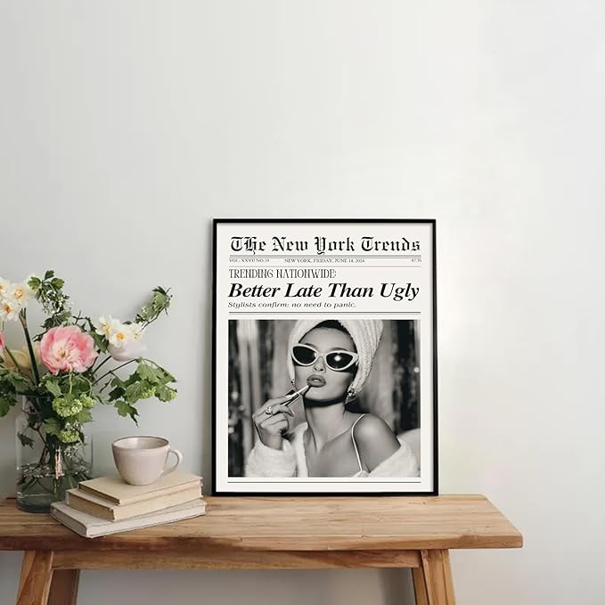 Trendy Feminist Newspaper Wall Art Prints of 6,Retro Black and White Vogue Posters for Room Aesthetic,Audrey Hepbum Fashion Wall Art Bedroom, Vintage Bar Cart Art Feminine Decor for Dorm Apartment,Unframed
