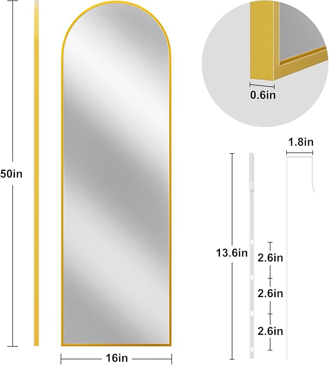 Rowjut Full Length Door Mirror, Wall Mounted Wall Mirrors, 50"X16" Arched Behind Door Mirror for Use in Living Rooms, Rooms, Bedrooms, Cloakrooms, etc. Durable & Stylish Home Decor (Gold).