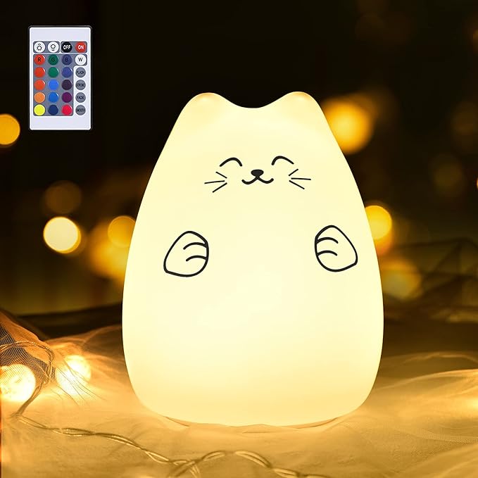GoLine Cute Night Lights for Kids, Best Christmas Birthday Gifts for 3-12 Year Old Girls Teen, Cat Silicone Baby Night Light for Newborn, Remote and Tap Control