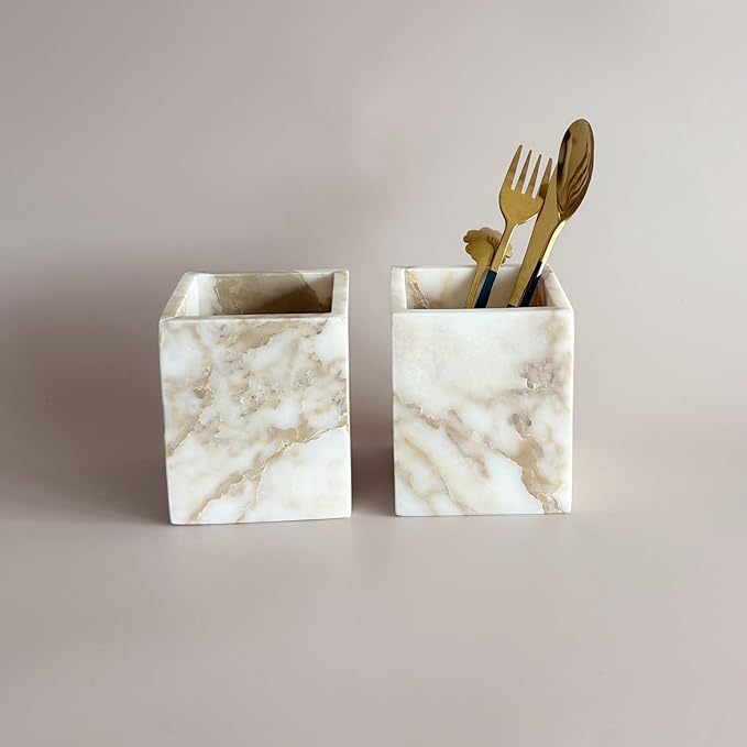 Natural Marble Stone Square Storage Container Empty Vessel Holder Cup for Candle/Pens/Sundries items (Gold)