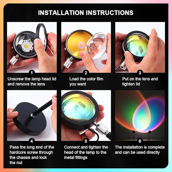 Sunset Lamp, 360° Rotation Sunset Projector Light, 6 Colors Rainbow Projection Night Light, USB LED Atmosphere Lamp for Selfie, Photography, Bedroom Decor, Living Room & Home Ambiance Lighting