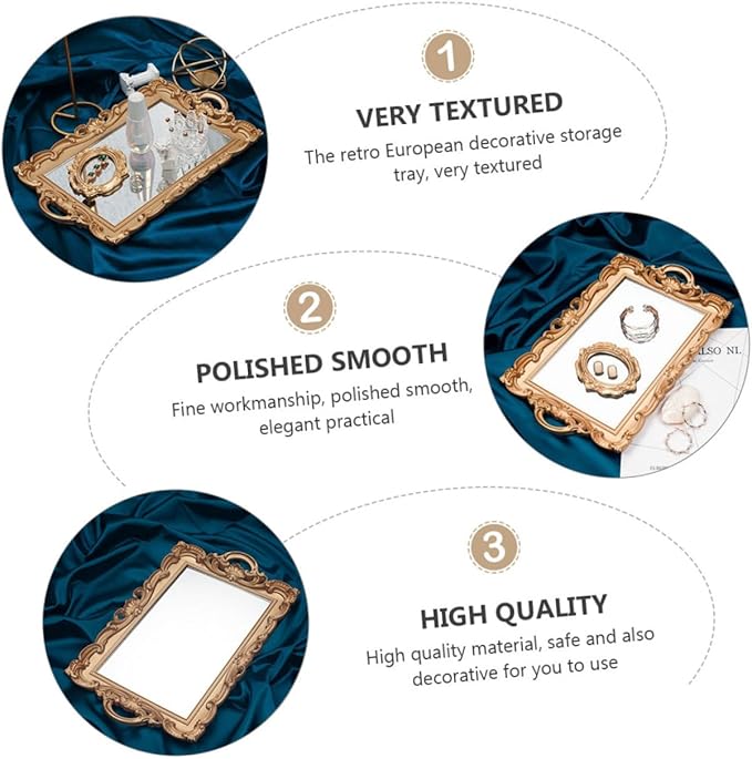 European Mirror Plate Decorative Tray Golden Retro Makeup Organizer Tray for Perfume Storage and Photo Props Home Décor Accent for Bedroom and Bathroom