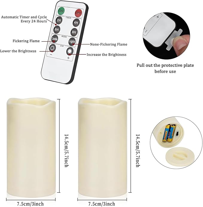 Artmarry Flickering Flameless Candles Outdoor Indoor Large (D 3" x H 6") LED Candles, 2Pcs Pillar Outdoor Indoor Battery Operated Candles with Remote for Home Wedding/Christmas/Holiday Décor