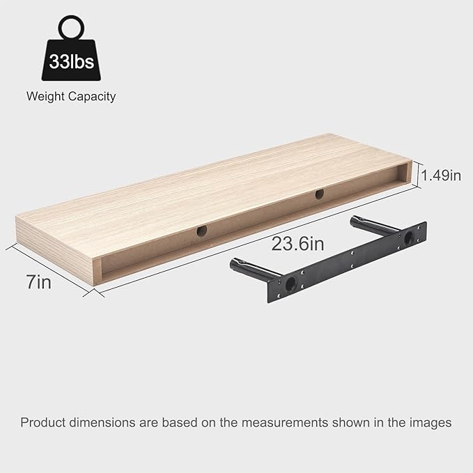 Floating Shelves for Wall, 24" Wall Mounted Shelves, Rustic Farmhouse Decor & Storage for Bathroom, Kitchen, Living Room, Dining Room, with Invisible Brackets, Set of 2, Oak