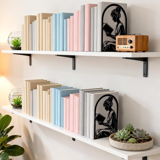 Peacoblue Metal Bookends for Shelves, Modern Decorative Heavy Duty Study Book Ends Stoppers for Office, Desk, Shelf, Room 5.3"x4.3"x7.9" Cast Iron Simple Tall Bookends 1 Pair (Reading Girl)