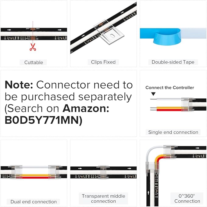 BTF-LIGHTING FCOB WS2811 IC RGB COB LED Strip DC24V 720LED/m 24FT Flexible High Density Uniform Chasing Color Light 20IC/m 12mm Width Dream Color LED Tape Black PCB(No Adapter or Controller)