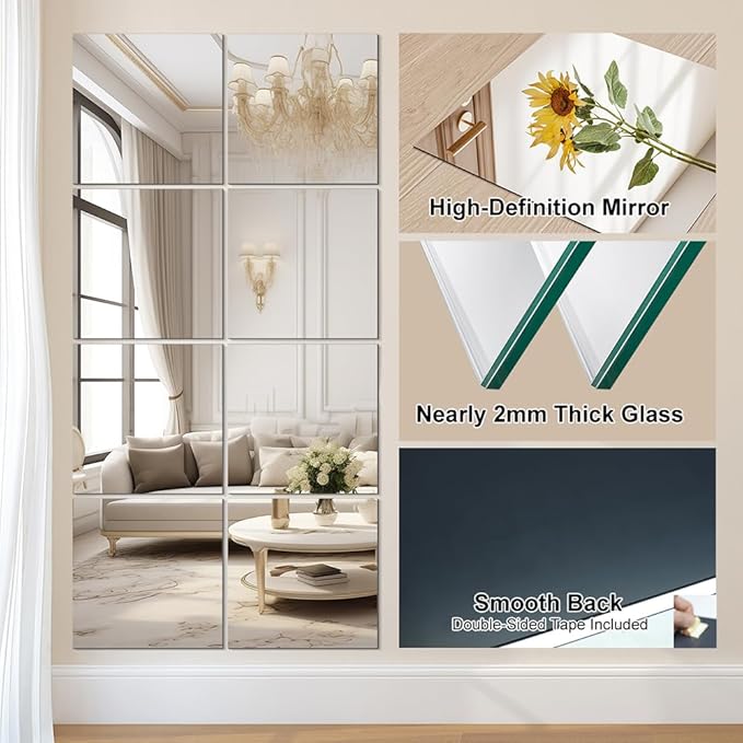 Vlush Adhesive Mirror Tiles 12'' x 12'' x 4PCS Full Body Mirror Full Length & Wall Mounted Mirrors Tiles Decorative for Home Gym, Door, Bedroom & Bathroom