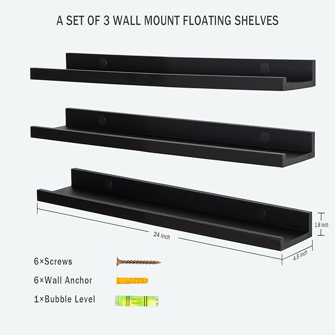 AZSKY Floating Picture Ledge Shelves for Wall Set of 3, 24 Inch Shelves with Lip Long Large Nursery Book Shelf for Storage Bookshelf Wall Mounted Living Room Bedroom Decor Frames(Black)