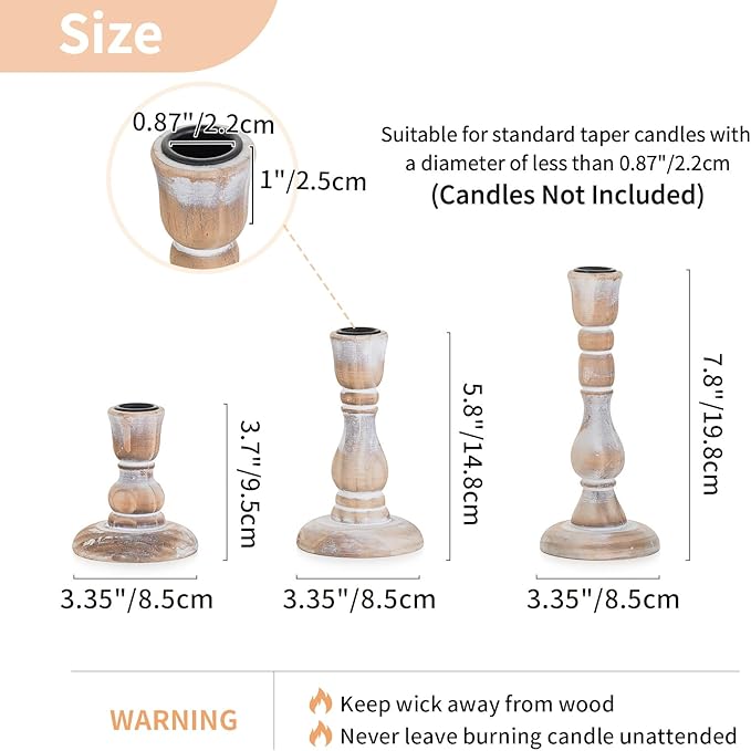 NUPTIO Taper Candle Holders Wood: Set of 3 Rustic Wooden Candlestick Holder - Vintage Candles Stick Candleholder for Fall Thanksgiving Christmas Fireplace Table Decor