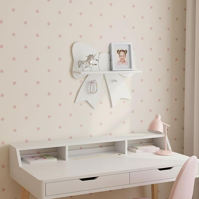 Bow Shaped Floating Shelf with Hooks - Cute White Wooden Wall Decor for Girls Nursery & Bedroom, Trinket Display Organizer