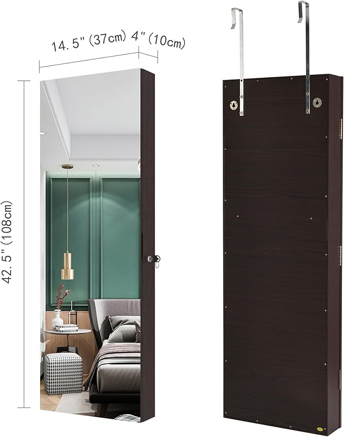 Wall-Mounted Full-Length Mirror with Storage Cabinet & Jewelry Organizer - Illuminated Makeup Locker for Bedroom, Dressing Room, or Bathroom - Stylish & Functional Design