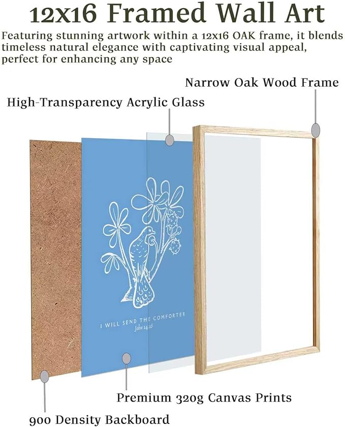 EcoHest OAK Wood Jesus Framed Wall Art, 12x16in John 14:16 I Will Send The Comforter Bible Verse Christian Wall Art, Modern Blue Bedroom Decor For Living Room Bathroom Christian Merch Gift 1Pack