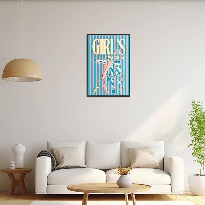 Trendy Always Girls High Heels Poster Funny Cocktail Disco Ball Canvas Wall Art Preppy Blue And Pink Stripes Feminine Girly Prints Painting For Living Room Bedroom Wall Decor 8x12in Framed