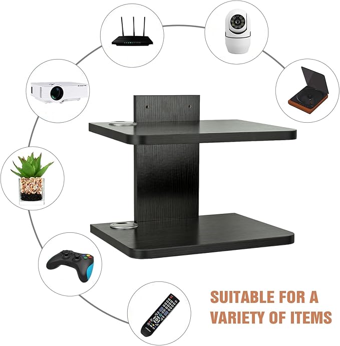 BiJun Projector Shelf, Floating Shelves for Wall Under TV Floating TV Stand Cable Box Speaker Wall Mount Entertainment Stand Router DVD Shelf for PS4/Cable Box/DVD Players/Game Console (2 Shelf)