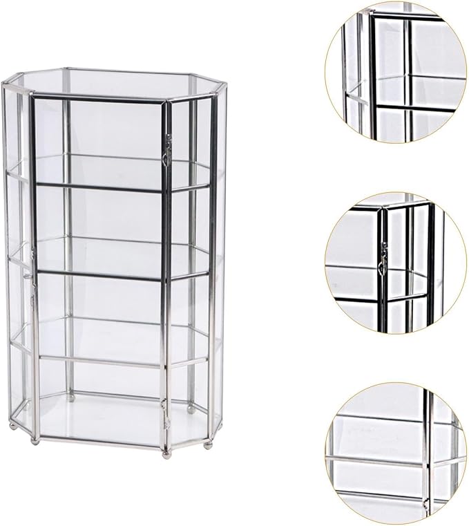 Vaveren Desktop Glass Makeup Storage Box with 4 Layers Trinket Earring Ring Holder Brass Frame Cosmetic Organizer for Bathroom Vanity