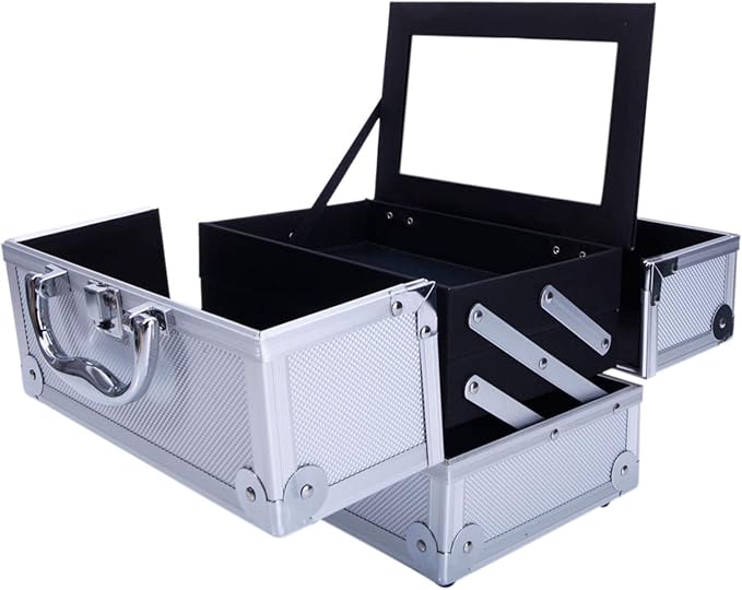 Makeup Box Train Case Large Storage Capacity Trays with Mirror Portable Travel Cosmetic Organizer with Brush Holder, Makeup Travel Train Case, 9" Lx 6" W x 6" H Silver
