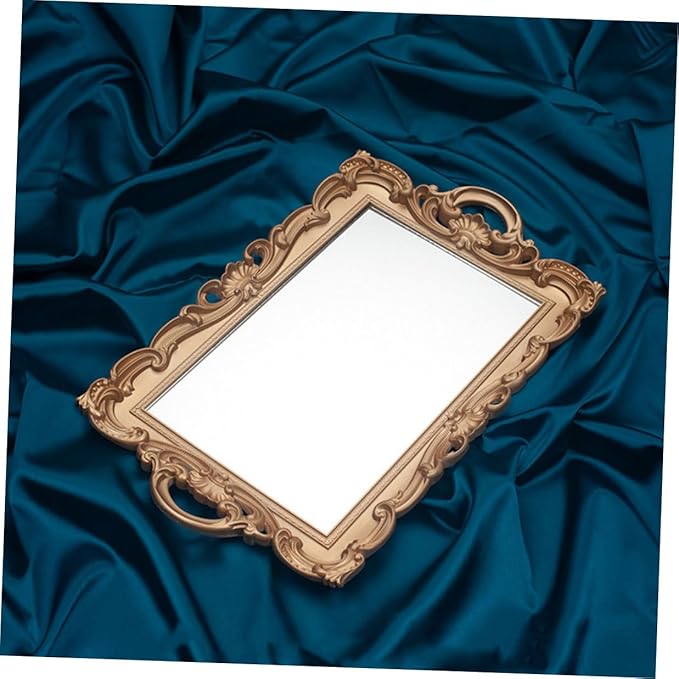 GALPADA European Vintage Mirror Tray Makeup Organizer Perfume Storage Plate Gold Rectangular Decorative Vanity Tray for Home Décor and Photography Display