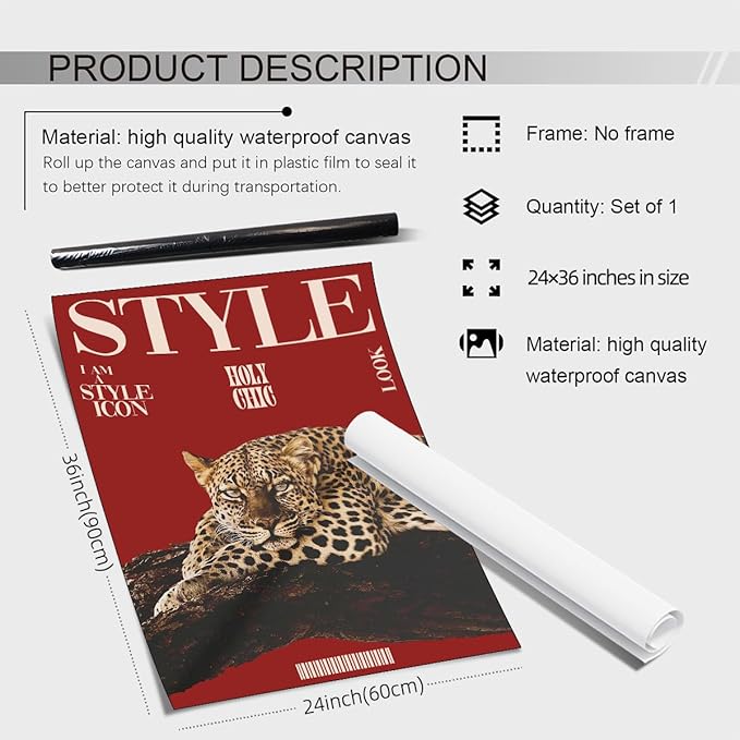 rumlud Red Cheetah Wall Art Vintage Trendy Cool Y2k Leopard Style Posters Funky Magazine Aesthetic Cover Canvas Prints for Living Room Bedroom Dorm Wall Decor 24X36 inch Unframed