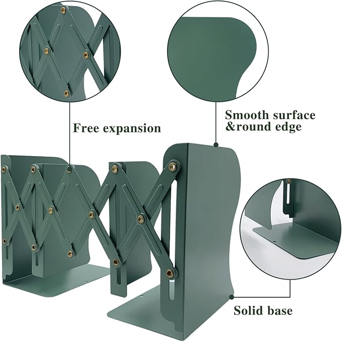 Adjustable Bookends Non Skid Decorative Bookends,Metal Bookend for Heavy Books,Bookshelf Organizer Holder for Books and Magazines for Desk(Green)