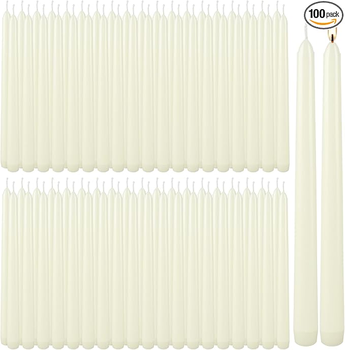 YOROXRG 100Pack Ivory Taper Candles, 7-8 Hours Burn Time, Unscented, Smokeless and Dripless, 0.75 x 10 Inch Dinner Candle Set for Household, Wedding, Party and Home Décor Candlesticks