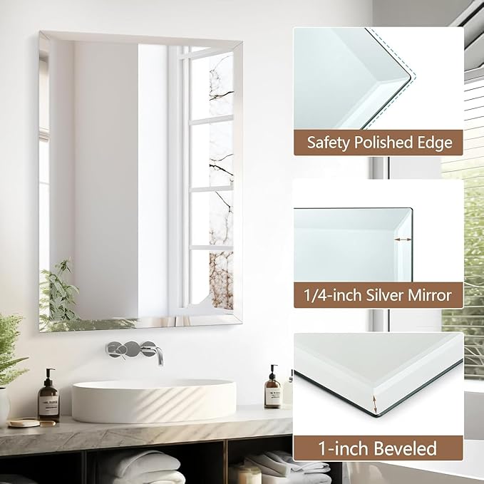16x24 Inch Rectangle Frameless Mirror, Beveled Bathroom Mirror, Frameless Wall Mirror with 1" Beveled Edge for Bathroom Vanity, Entryway, Living Room