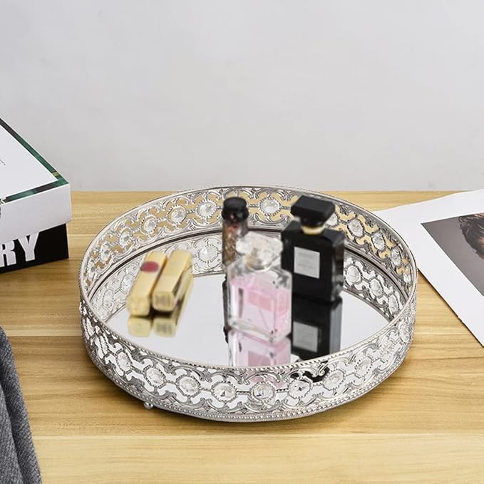 Round Mirror Tray for Coffee Table, Perfume, Makeup, and Vanity - Decorative Organizer for Dresser Tops (Silver, 11.8 in)