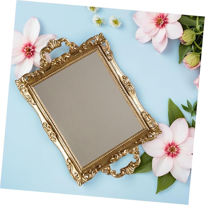 BESPORTBLE Vintage Carved Mirror Tray Nordic Style Retro Gold Resin Decorative Storage Plate for Makeup Perfume Vanity Table Organizer