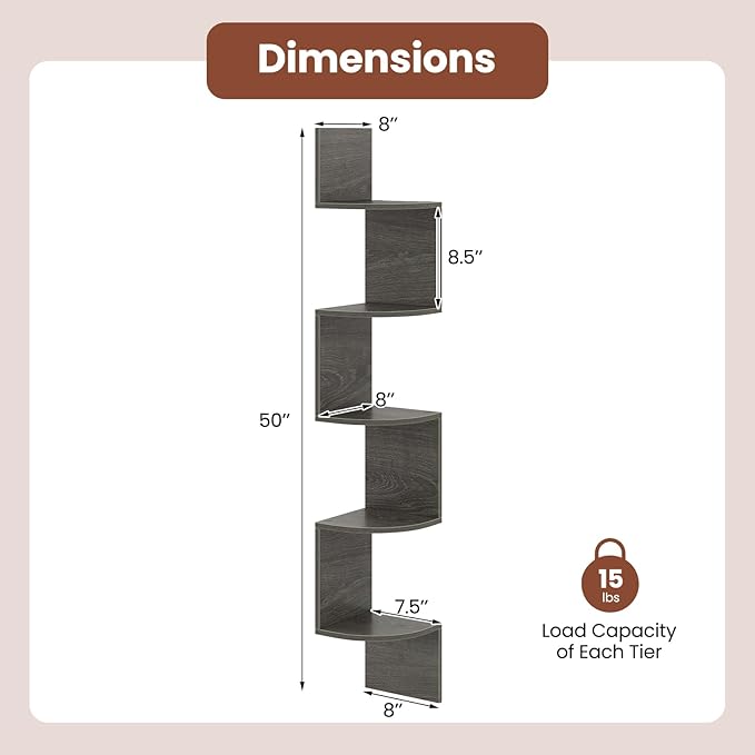 Giantex Corner Shelf Wall Mounted Set of 2, 5-Tier Floating Corner Bookshelf, Home Storage Organizer, Wooden Display Stand Rack for Wall, Plant Shelf for Living Room, Bedroom, Kitchen, Oak