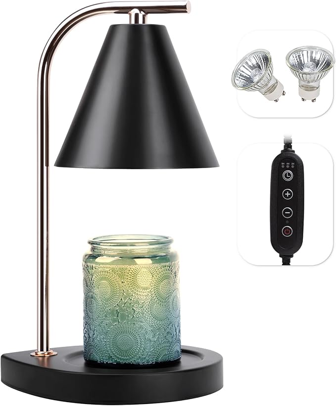 Aimoptg Candle Warmer Lamp with Timer, Dimmable Candle Lamp for Small and Large Jar Candles, Modern Candle Warmer Lamp with 2 Bulbs(Black Gold)