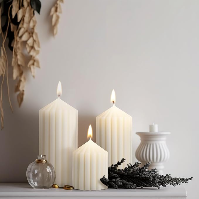 Conelist Set of 3 White Ribbed Pillar Candles Soy Wax Scented Ribbed Candles Includes 2.8, 4.2 and 5.1 Inches Heights Decorative Romantic Wedding Decoration for Couple Home Birthday Gift