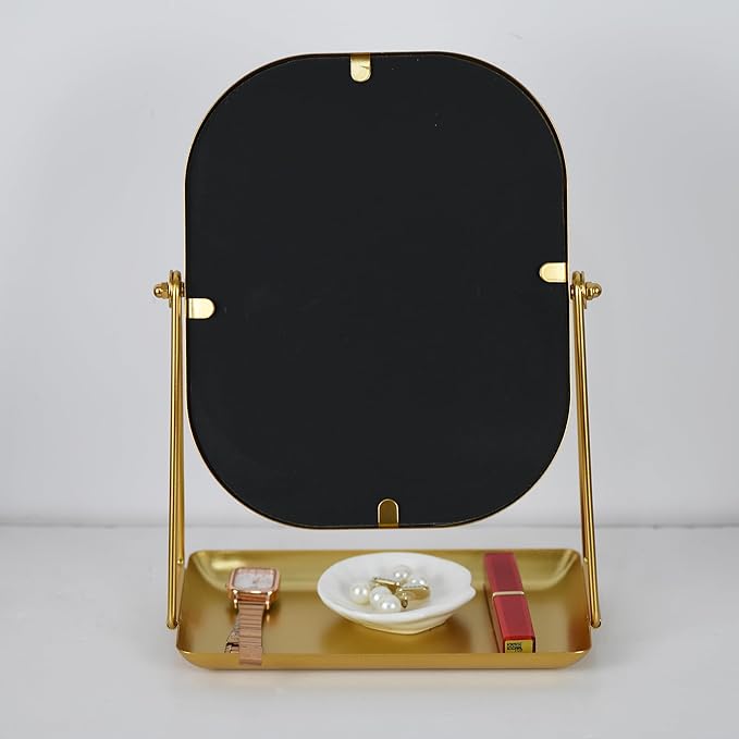 Tstarer 360 Degrees Rotating Metal Makeup Mirror with Storage, Vanity Mirror for Desk, Bathroom, Bedroom, Dressing Table (Gold)