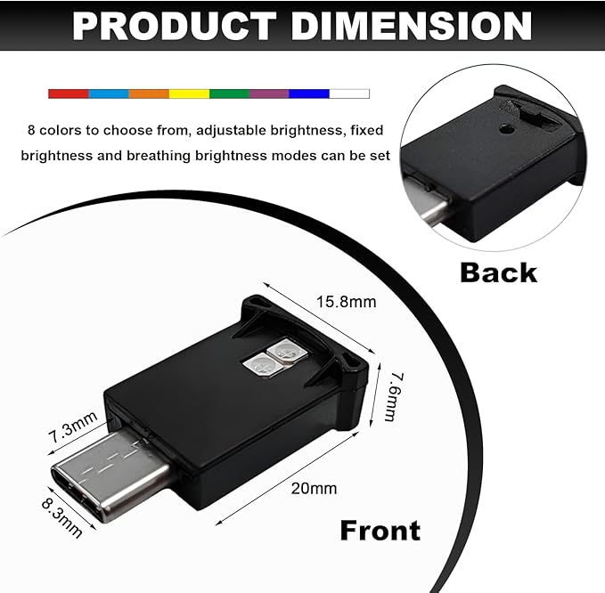 DXNQ USB Type C LED Ambient Light, 8 Colors RGB Dynamic Atmosphere Lamp Car Interior Decor USB Night Light, Adjustable Bright Plug-in Mini Ambient Lighting Kit for Car Laptop