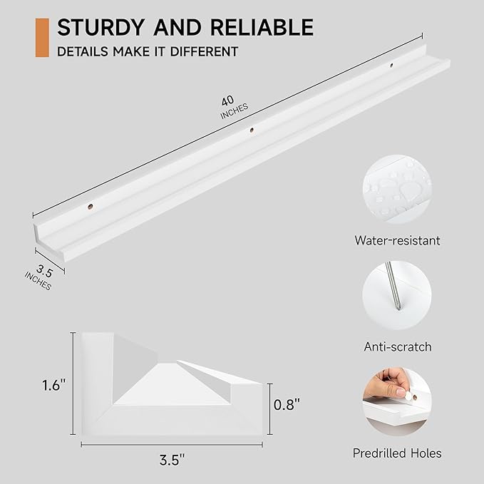 Fun Memories Picture Ledge Shelf, 40 Inch Floating Shelves Set of 2, Large Nursery Book Shelves for Toys Storage, Kids Bookshelf Wall Mounted for Wall Decor Books Photo Frames, White