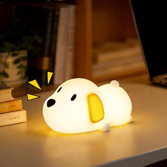 Dog Night Light & Lamp for Kids - Squishy Silicone Lying Puppy, Dimmable and 7 RGB Colors, Switchable Animal Sound, Portable Rechargeable BPA-Free, Gift for Children/Teens/College Students/Girlfriends
