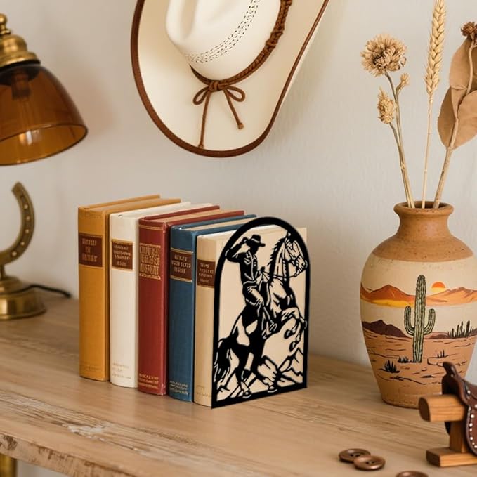 Peacoblue Metal Bookends for Shelves, Modern Decorative Heavy Duty Study Book Ends Stoppers for Office, Desk, Shelf, Room 5.3"x4.3"x7.9" Cast Iron Simple Tall Bookends 1 Pair (Cowboy Horse Riding)