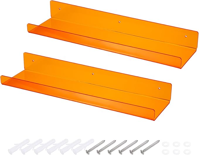 MECCANIXITY 2 Pack Acrylic Shelves for Wall, 15 Inch Orange Floating Shelves Wall Mount Display Shelf Organizer for Bathroom, Bedroom, Living Room, Room Decor