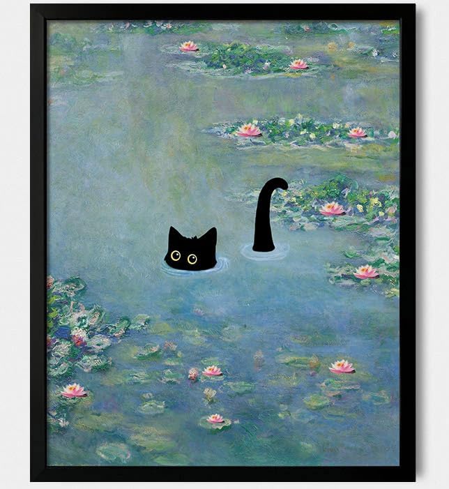 Hamduker Funny Black Cat Wall Art, Monet Art Water Lily Cat Wall Art Decor, Preppy Aesthetic Cat Posters for Bedroom Bathroom Living Room (Size: 16''x20''x1pcs)