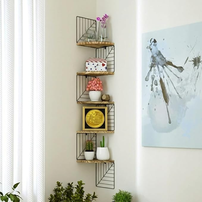 Love-KANKEI Corner Shelf Wall Mount of 5 Tier Rustic Wood Floating Shelves Wall Shelves for Bedroom Living Room Bathroom Kitchen Office and More Carbonized Black