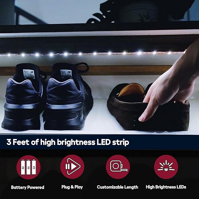 BestLuz Battery Powered LED Strip Lights, 3 Pack 40 Inch Cordless White LED Light Strips for Shelves and Under Cabinet Indoor Use, Battery Operated LED Strip Lights, Cool White 6500K