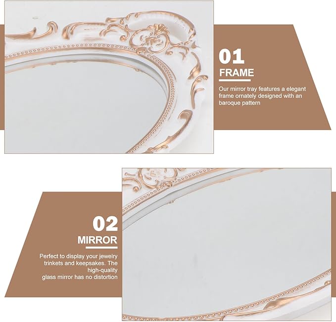 SEWACC Vintage Oval Mirror Tray Decorative Makeup Organizer Dresser Display Tray White Glass Surface for Vanity Table and Jewelry Storage