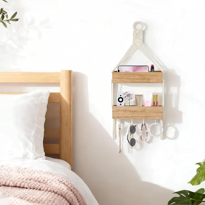 Mkono Macrame Hanging Shelf for Bedside Shelf Organizer with Hooks, Boho Wall Decor Cute Wood Floating Shelves for Girls Bedroom Dorm Nursery, Wall Storage for Phone, Remote, Accessories (Small)