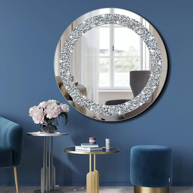 Crystal Crush Diamond Sparkly Round Silver Mirror for Wall Decoration 20x20x1 inch Wall Hang Frameless Bling Stylish Gorgeous Glam Mirror Vanity Home Decor.