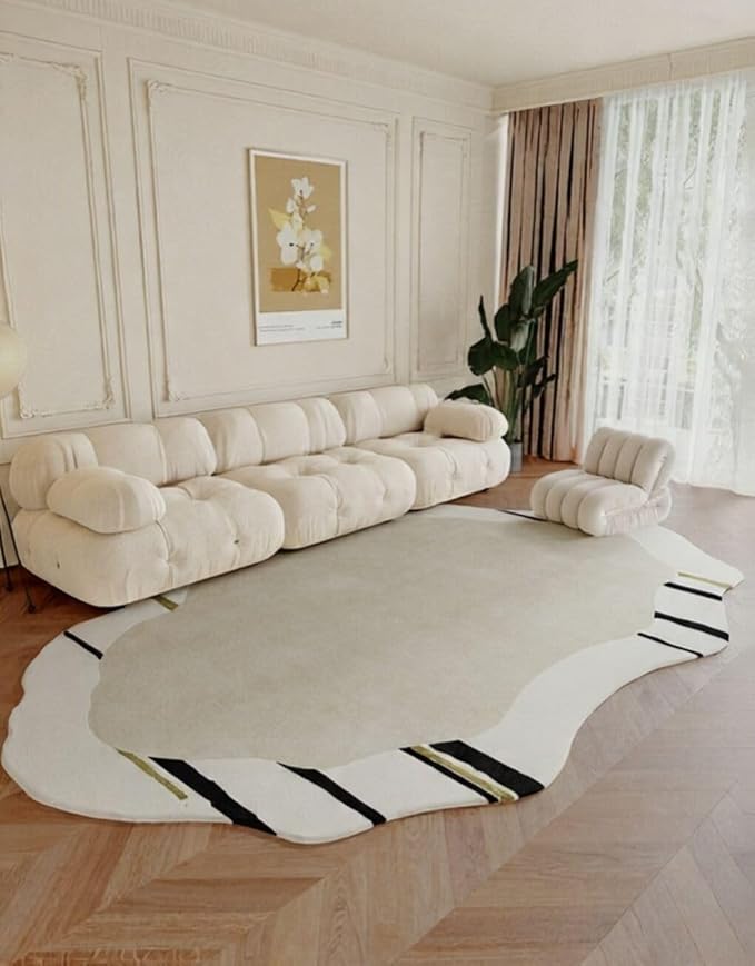 Mid Century Modern Irregular Rug 7x9 Beige Cream Black Lines Border Irregular Shaped Area Rug for Living Room Bedroom Playroom Minimalist Abstract Boho Home Office Foldable Thin Comfort Carpet Mats