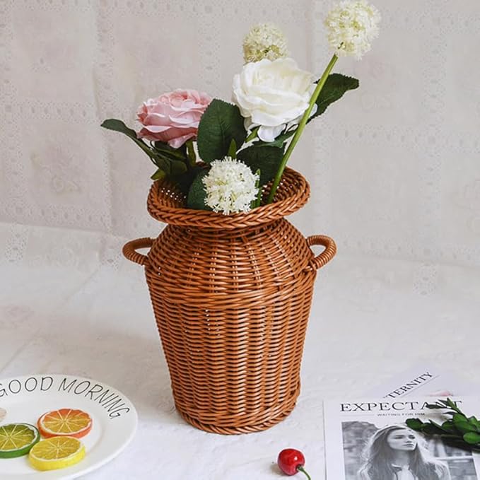 LABRIMP Creative Rattan Woven Vase 9 Inch Brown Decorative Flower Basket for Home Office Rustic Centerpiece Artificial Flower Holder