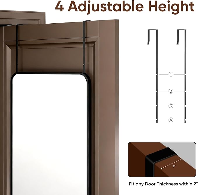 Antok 48''x 14'' Full Length Mirror Over Door, 4-in-1 Standing Leaning Wall Mounted, Adjustable Hanging Mirror for Bedroom Living Room, Black, Rounded Corner